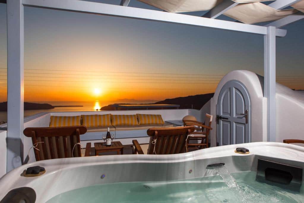 Sunset from the private jacuzzi terrace with Aegean view