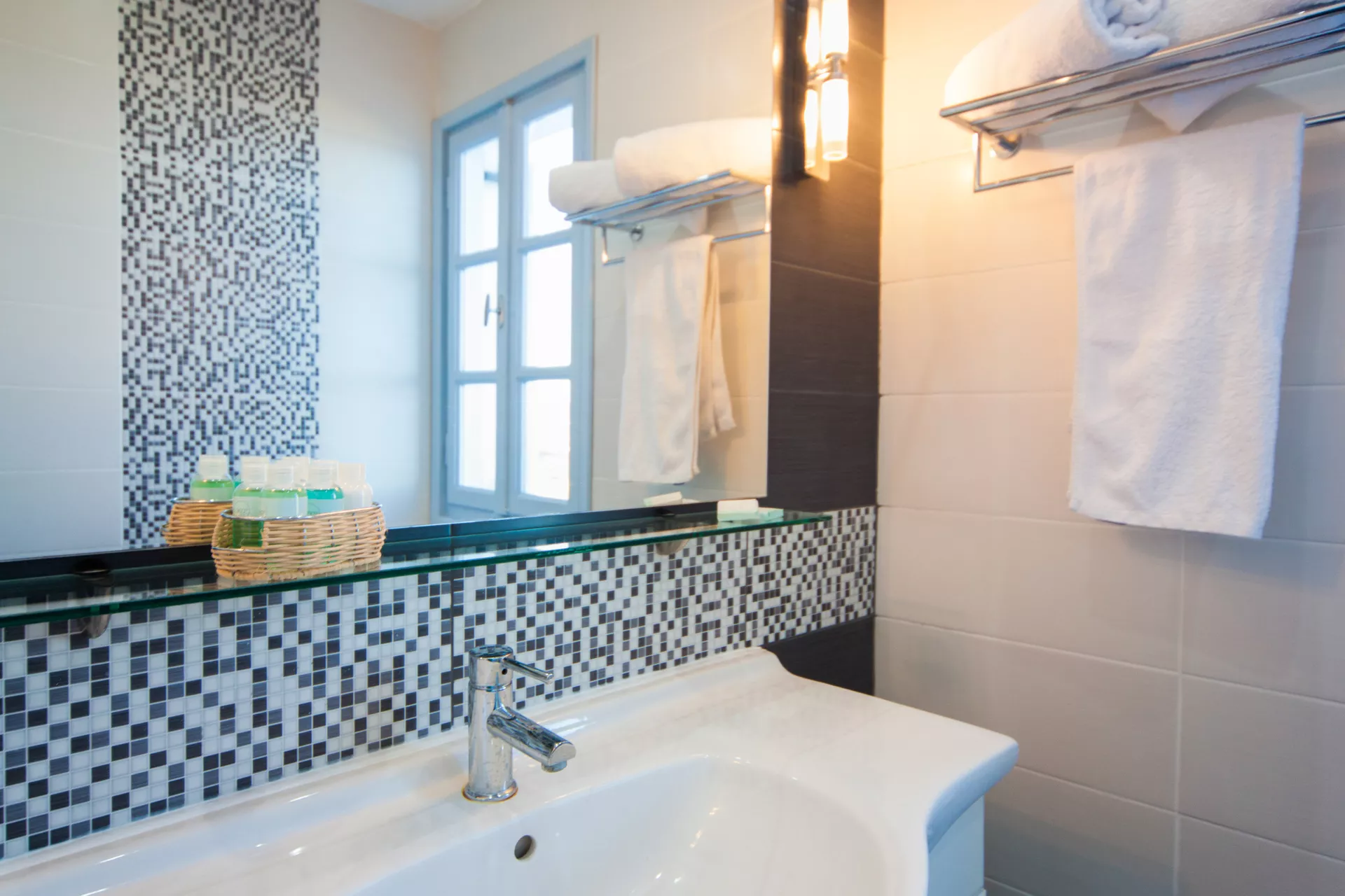 Standard studio interior with desk and access to outdoor space